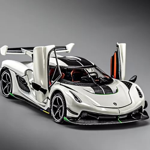 Koenigsegg Jesko diecast supercar model, white with black accents, open doors