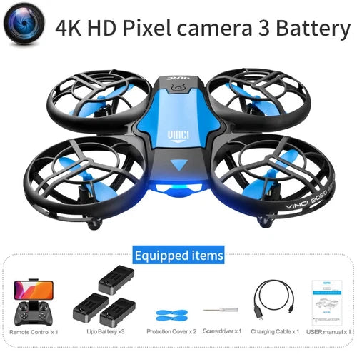 Blue and black mini quadcopter drone with four propellers and camera module