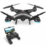 Black GPS FPV drone with camera and four propellers, plus handheld controller screen