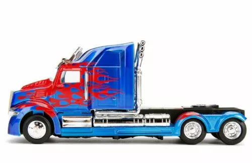 1/32 scale diecast truck cab, blue with red flame graphics, chrome details, front view