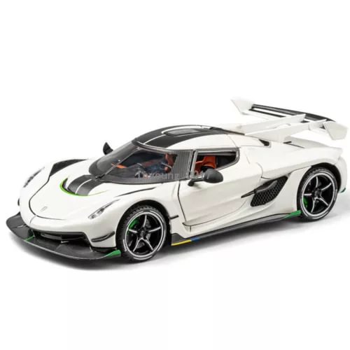 1:24 diecast model car, white with black aero parts and green wheel accents