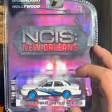 Police diecast toy car in blister: white with blue stripes, Crown Victoria Interceptor
