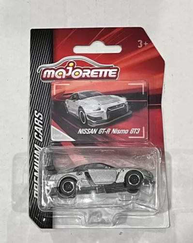 Majorette silver Nissan GT-R NISMO GT3 diecast toy car in blister pack, 1/64 scale