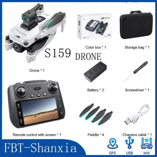 White GPS drone kit with controller screen, charging cable, propellers, and storage case