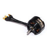 RC brushless outrunner motor with black housing, mounting shaft, and three pin wires
