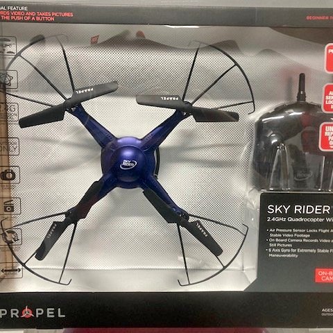 Propel Sky Rider 2.4 GHz quadcopter drone with camera, blue body, four blades