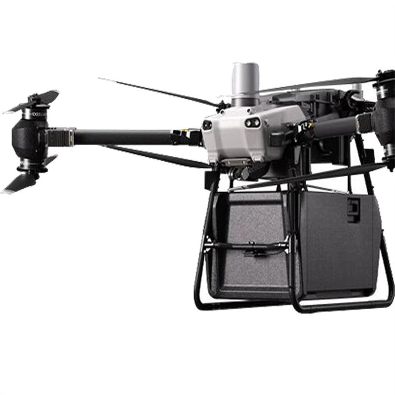 Quadcopter drone with front camera and open cargo frame, four rotating propellers