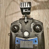 Drone transmitter controller with screen and twin control sticks, dark gray