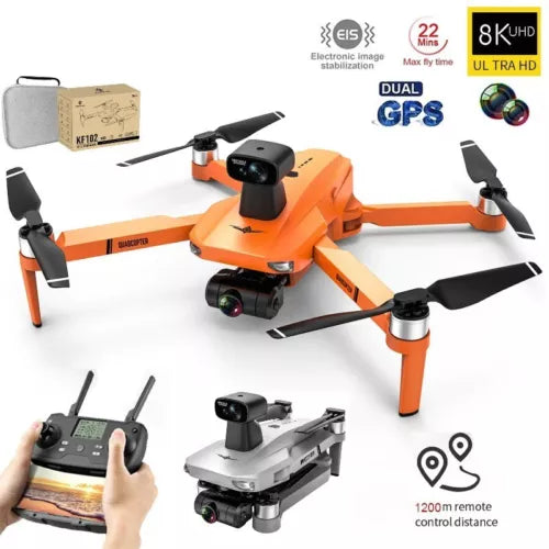 Orange GPS quadcopter drone with camera on 2-axis gimbal and four propellers