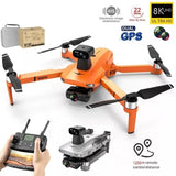 Orange GPS quadcopter drone with camera on 2-axis gimbal and four propellers