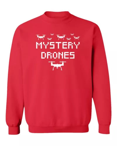 Red crewneck sweatshirt with MYSTERY DRONES pixel drone graphic