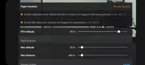 Drone flight checklist and error codes on dark display screen