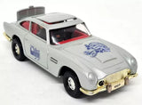 Silver diecast model car with 007 front and side decals, front-left view