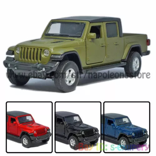Jeep Gladiator diecast pickup model car, olive green, front grille and hood detail