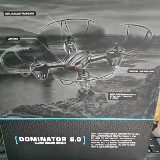 Blade guard drone retail box with Dominator 2.0 branding and drone illustration