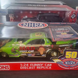 1:24 funny car diecast replica in retail box, red and green with NHRA logos
