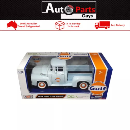 Diecast Ford F100 pickup model, 1:24 scale, Gulf livery, blue and orange accents