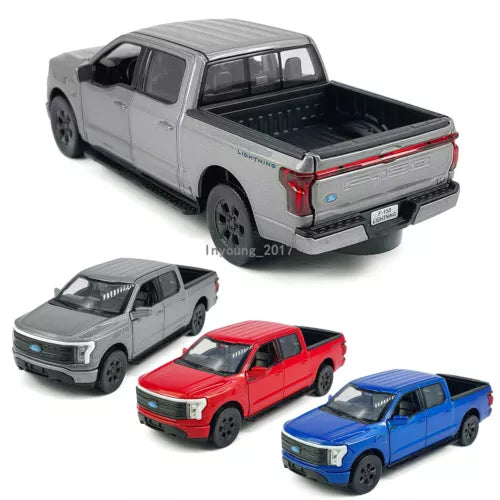 1:36 diecast pickup truck set, silver model with open bed and red, blue models
