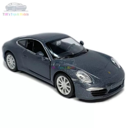 Porsche 911 Carrera S diecast model car, dark grey, front 3/4 view with wheels