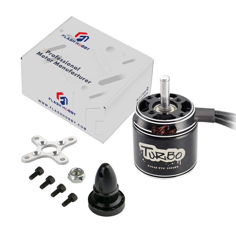Brushless RC motor with shaft, turbo label, and mounting hardware kit