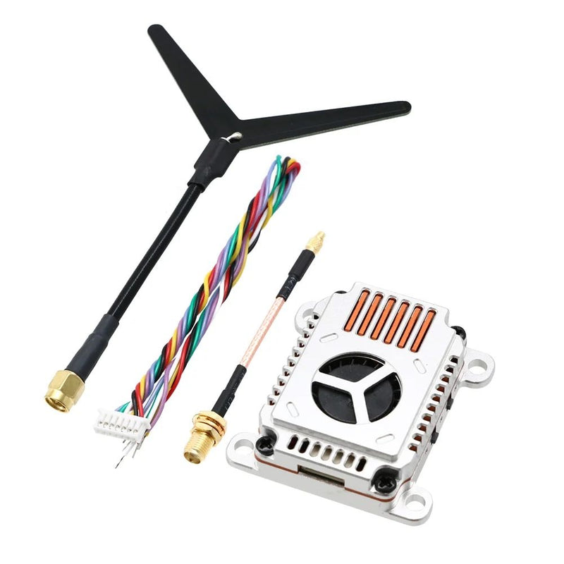 FPV video transmitter module with 1.2G antenna, multicolor wiring, and control PCB