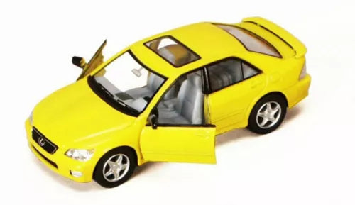 Yellow diecast sedan model car with open front doors, 1:36 scale