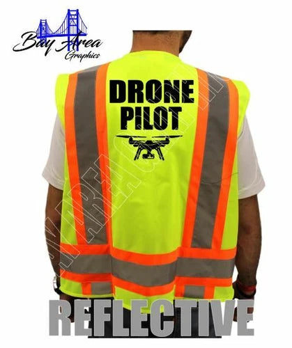 Hi-visibility safety vest with orange reflective stripes and 'DRONE PILOT' print
