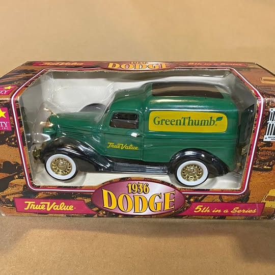 Green 1936 Dodge diecast truck with True Value branding in display box