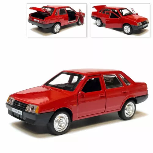 Red metal diecast sedan model car with black hood and grille, front 3/4 view