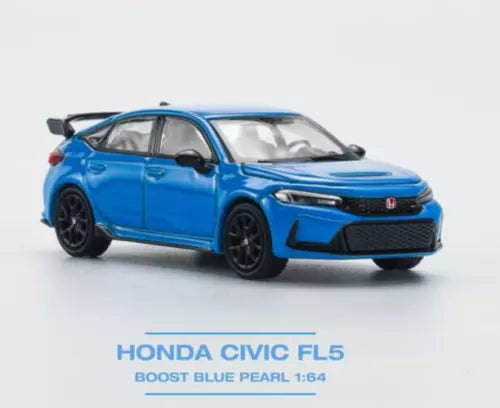 1:64 scale blue diecast hatchback car, front three-quarter view