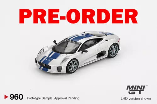 Silver diecast Jaguar C-X75 mini model car with blue racing stripes, 1/64 scale