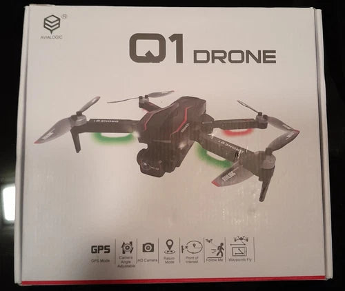 Q1 Drone UAV box with printed drone and GPS and flight icons