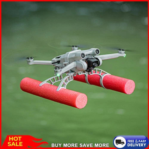 Drone water landing gear with red cylindrical floats and gray mounting frame