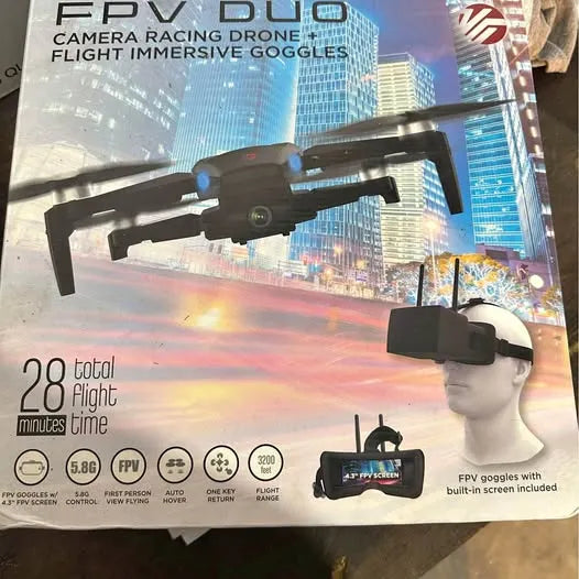 FPV drone with camera and immersive goggles in retail packaging