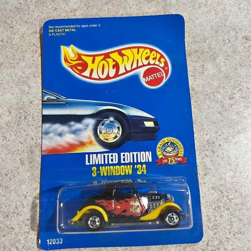 Hot Wheels 3-Window '34 limited edition diecast car in blister pack