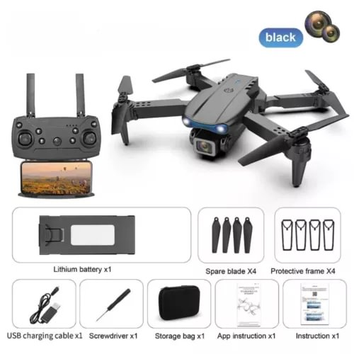 Long-range RC camera drone kit with dark gray quadcopter, controller, and spare blades