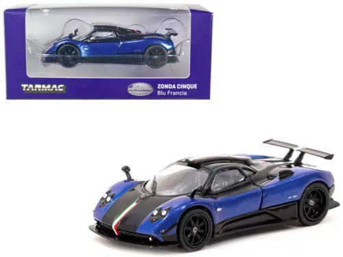 Blue and black diecast race car model with rear spoiler, front quarter view