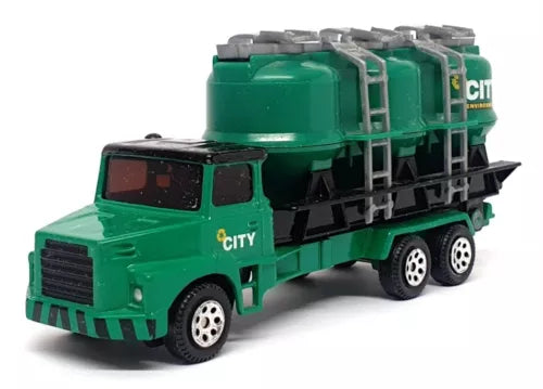 Green diecast silo truck with CITY logo, long flatbed, front three-quarter view