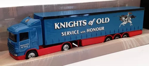 1/64 scale diecast Scania curtainside truck, blue and red Knights of Old livery