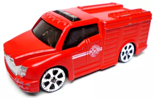 Red diecast fire truck model, 1:64 scale, with open cab and chrome wheels