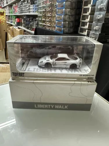 White diecast sports car model in clear display box with Liberty Walk label