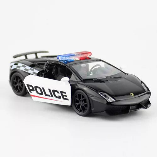 Black police diecast model car with POLICE door decals and checkered stripe hood