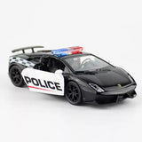 Black police diecast model car with POLICE door decals and checkered stripe hood