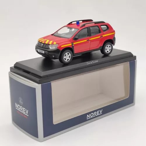 Red fire service diecast Dacia Duster 1:43 model car with decals, on display base