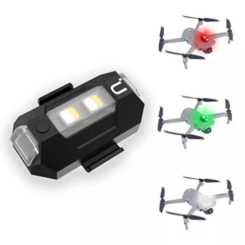 Drone strobe LED lamp with black housing, red/green/white light indicators and drone mount
