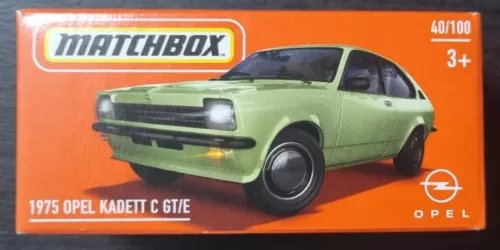 Matchbox 1975 Opel Kadett C GT/E diecast car in orange box, green car