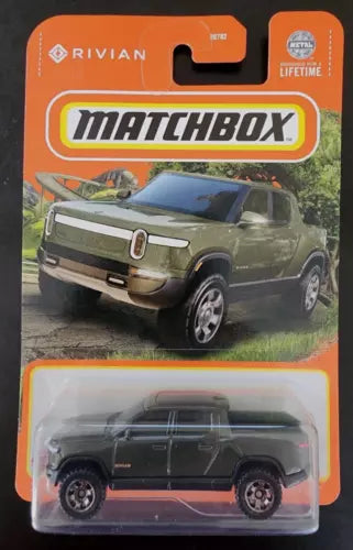 Matchbox Rivian R1T diecast EV truck in blister, dark olive green and black