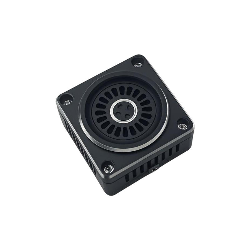 FPV video transmitter module with black cooling fan and heatsink, square housing