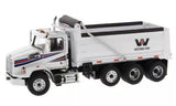 White diecast Western Star dump truck model with raised cab and dump bed, 1/50 scale