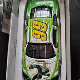 Diecast NASCAR race car model #99, green and white with driver figure in cockpit